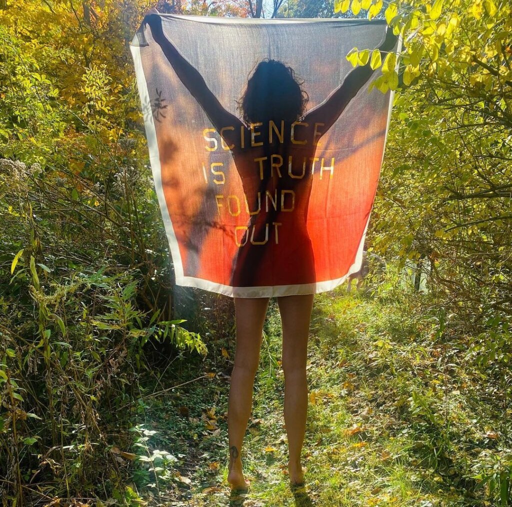 Helena Christensen with Ed Ruscha scarf