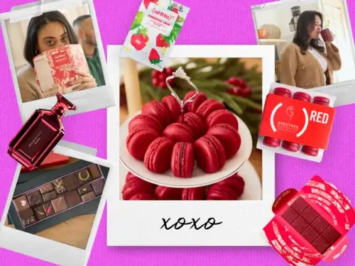 A medley of (RED) gifts/items collaged on a pink/purple background. Gifts include products from: (oHHo)ᴿᴱᴰ, (AROMA360)ᴿᴱᴰ, ((KREUTHER HANDCRAFTED CHOCOLATE)ᴿᴱᴰ, and (VESPA)ᴿᴱᴰ